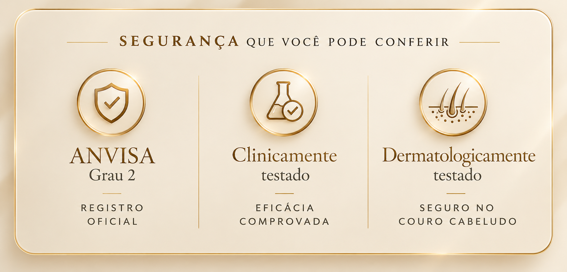 Segurança que você pode conferir: ANVISA Grau 2 — Registro oficial; Clinicamente testado — Eficácia comprovada; Dermatologicamente testado — Seguro no couro cabeludo