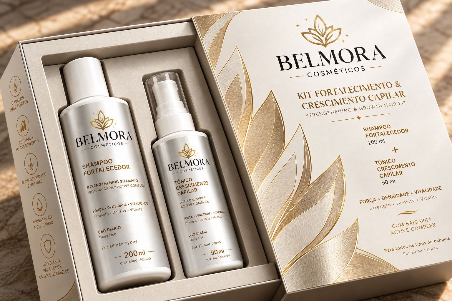 Kit Belmora com Shampoo Fortalecedor 200ml e Tônico de Crescimento 90ml na caixa de presente